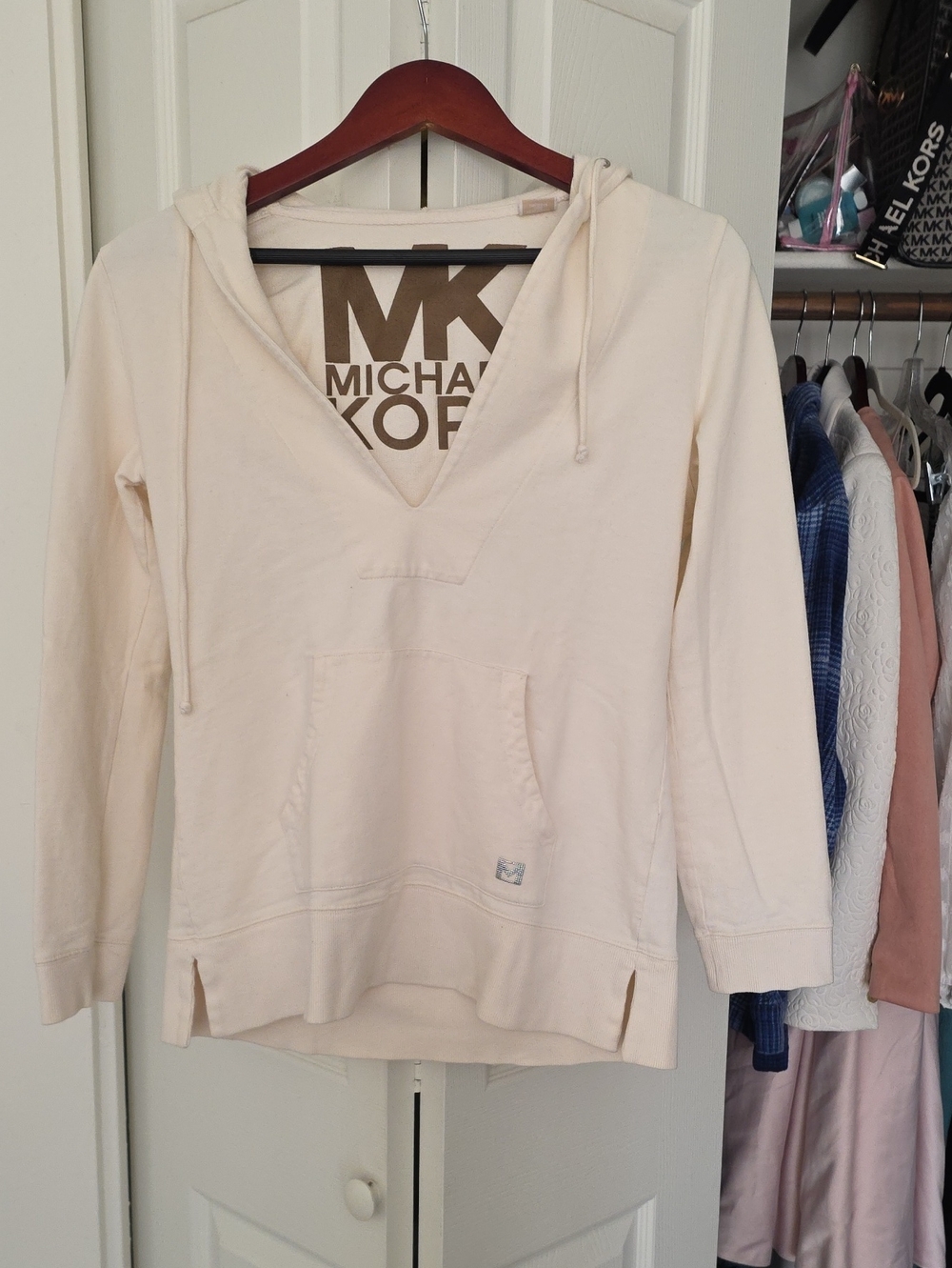 Michael Kors Ivory V-Neck Hooded Pullover